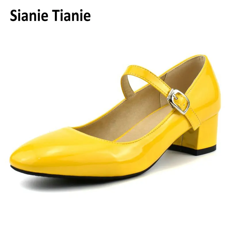 

Sianie Tianie 2020 spring summer patent PU leather yellow white girls shoes buckle strap ladies dress med heels mary janes pumps