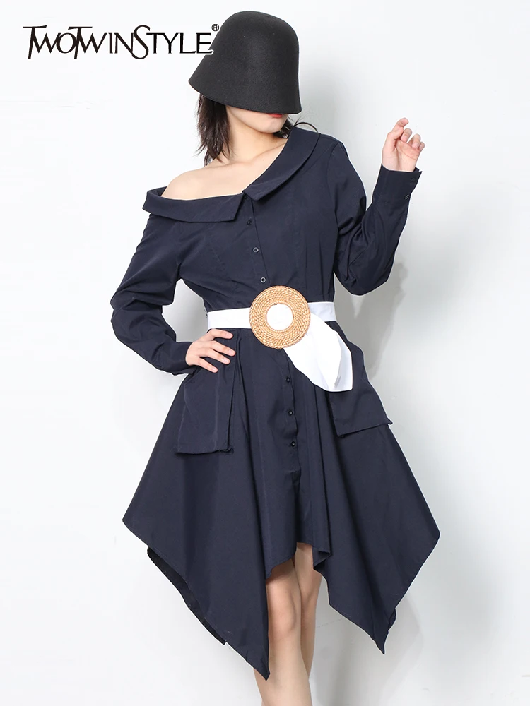 

TWOTWINSTYLE Black Irregular Hem Dress For Women Diagonal Collar Long Sleeve High Waist Loose Midi Dresses Female Clothing Style