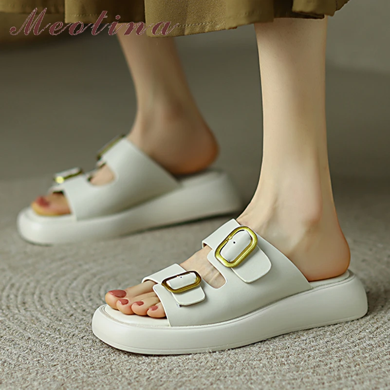 

Meotina Women Genuine Leather Shoes Platform Flat Summer Fashion Slippers Peep Toe Buckle Causal Ladies Footwear Apricot Beige