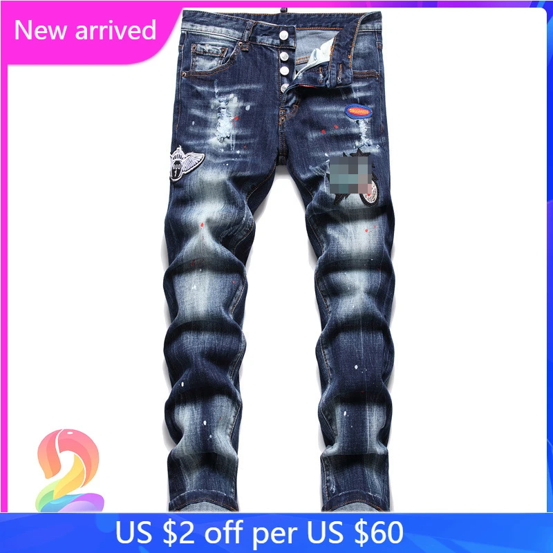 

DSQ2 Denim Pants Wings Badge Hand Painted Straight Button Fly Men's Jeans
