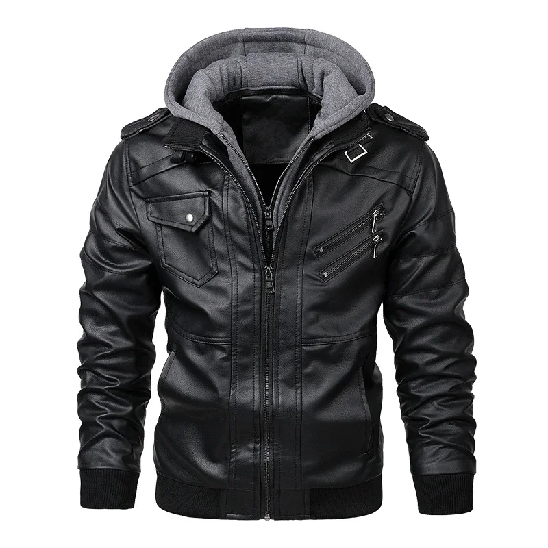 2021 Autumn Winter Men's Motorcycle Leather Jacket Windbreaker Hooded Jackets Male Outwear Warm Biker PU Jackets EU Size 3XL
