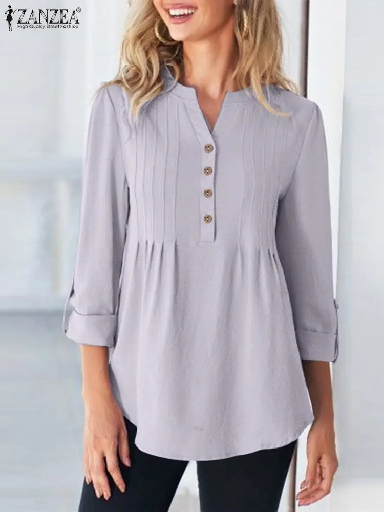 

ZANZEA Elegant Women Autumn Office Work Tops Casual V Neck Long Sleeve Blouse Female Loose Blusas Chemise Mujer Pleated Shirt