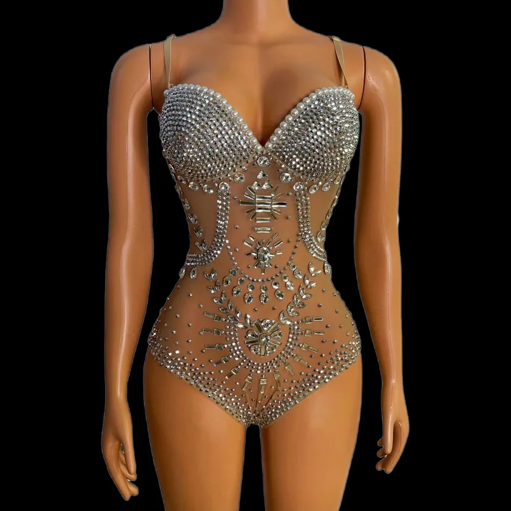 

Spaghetti Strap Shining Rhinestones Crystal Sexy Bodysuits For Women Nightclub DJ Clothing Stage Costumes Pole Dance Wears