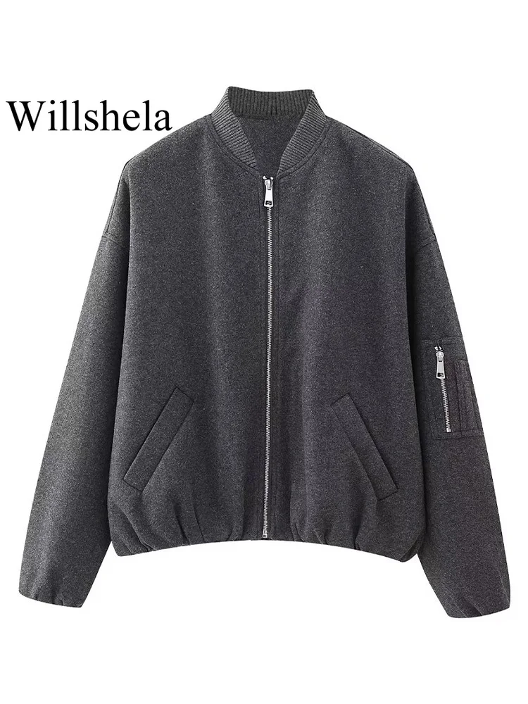 

Willshela/Женская мода с карманами, серая куртка-бомбер на молнии спереди, винтажная Женская одежда с круглым вырезом и длинными рукавами