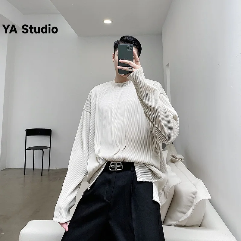

[YA Studio] 2023 Autumn Long Sleeve T-shirt Male Personality Pleated Elastic Round Neck Solid Color Rotator Sleeve Base Shirt