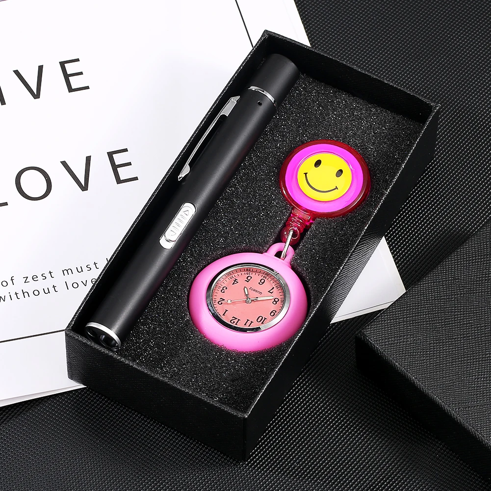 Nurse Watch with Clip Cute Smiling Brooch Pendant Hanging Pocket Watch Gift Set Penlight for Women Doctor Medical Led Flashlight