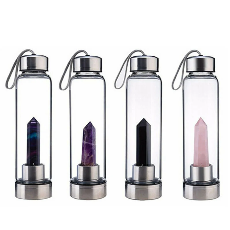 

Water Bottle Natural Crystal Stone Diamond Point Healing Obelisk Wand Healing Elixir Quartz Crystal Gem Colors Rope Gemstone Cup