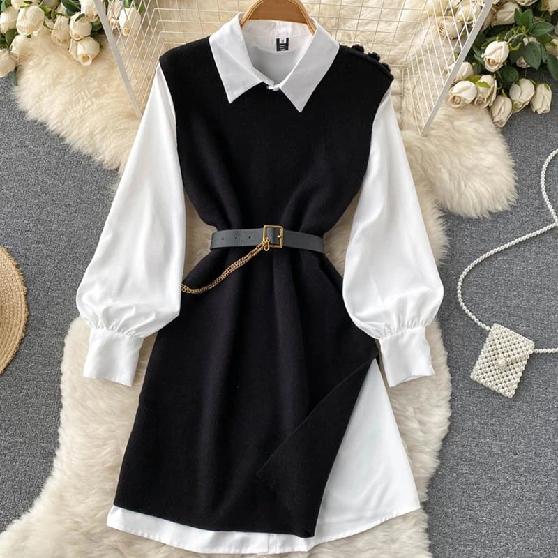 

Осеннее женское платье-рубашка с длинным рукавом, Повседневные вязаные платья-жилеты, Женские однотонные однобортные платья с поясом для ж...