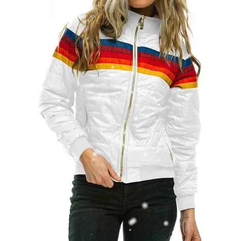 Donsignet Women Parkas 2022 New Casual Wool Collar Rainbow Printed Short Cotton-padded Clothes Women Fashion Thin Coat Women