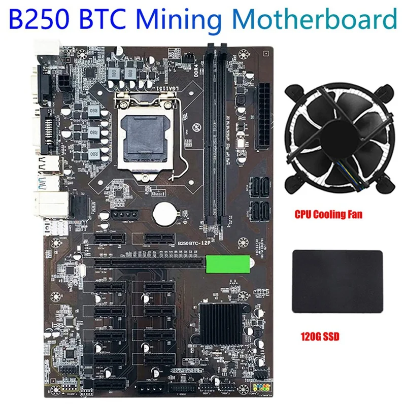 

B250 BTC Mining Machine Motherboard 12 PCIE 16X Graph Card LGA1151 With SATA SSD120G+Cooling Fan Support DDR4 VGA