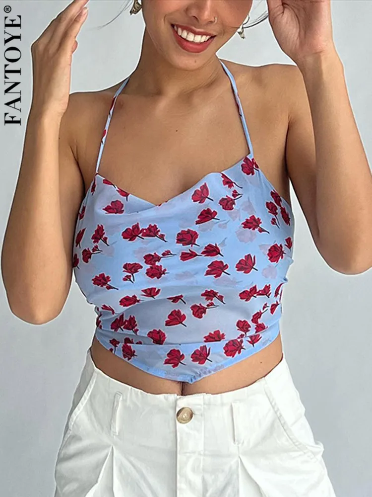 

Женский топ с открытой спиной Fantoye, шифоновый топ синего цвета с принтом на тонких бретельках, летняя повседневная модная одежда