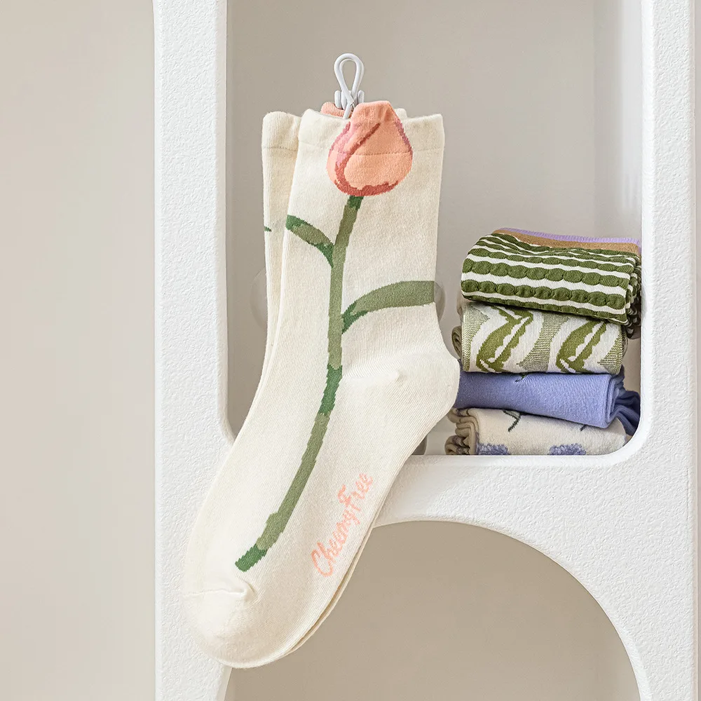 5 Pairs Women Sock Cotton for Autumn Winter Fashion Flower Design 2022 New Arrival Leather Shoes Socks