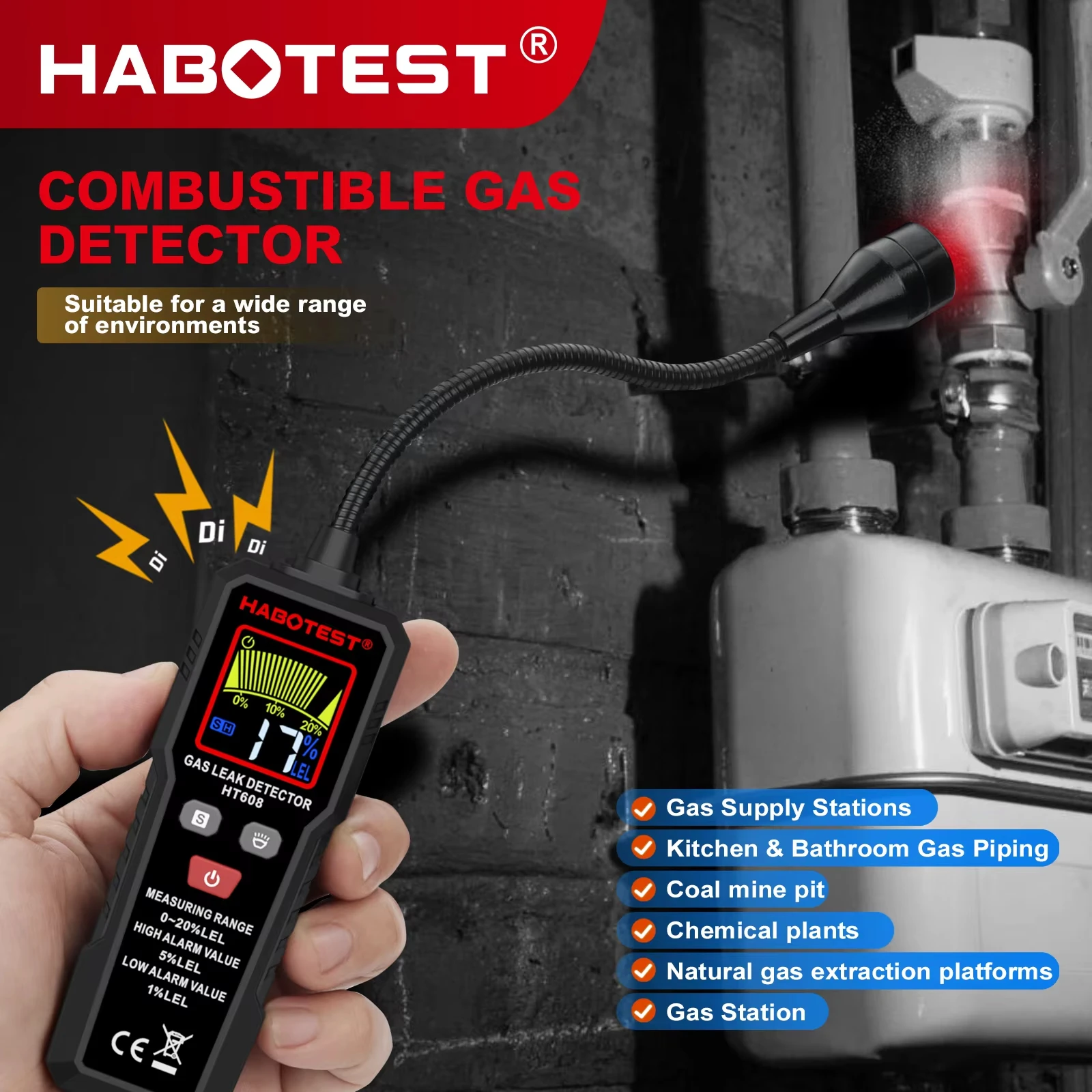Фото HABOTEST HT608 Детектор утечки природного газа Звуковая и экранная сигнализация Детектор утечки горючего метана Обнаружение местоположения №4