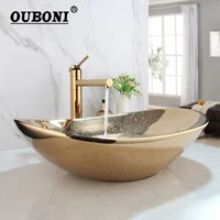 ouboni golden plated ceramic basin sink faucet combo countertop bathroom basin washroom vessel vanity sink mixer faucet w drain