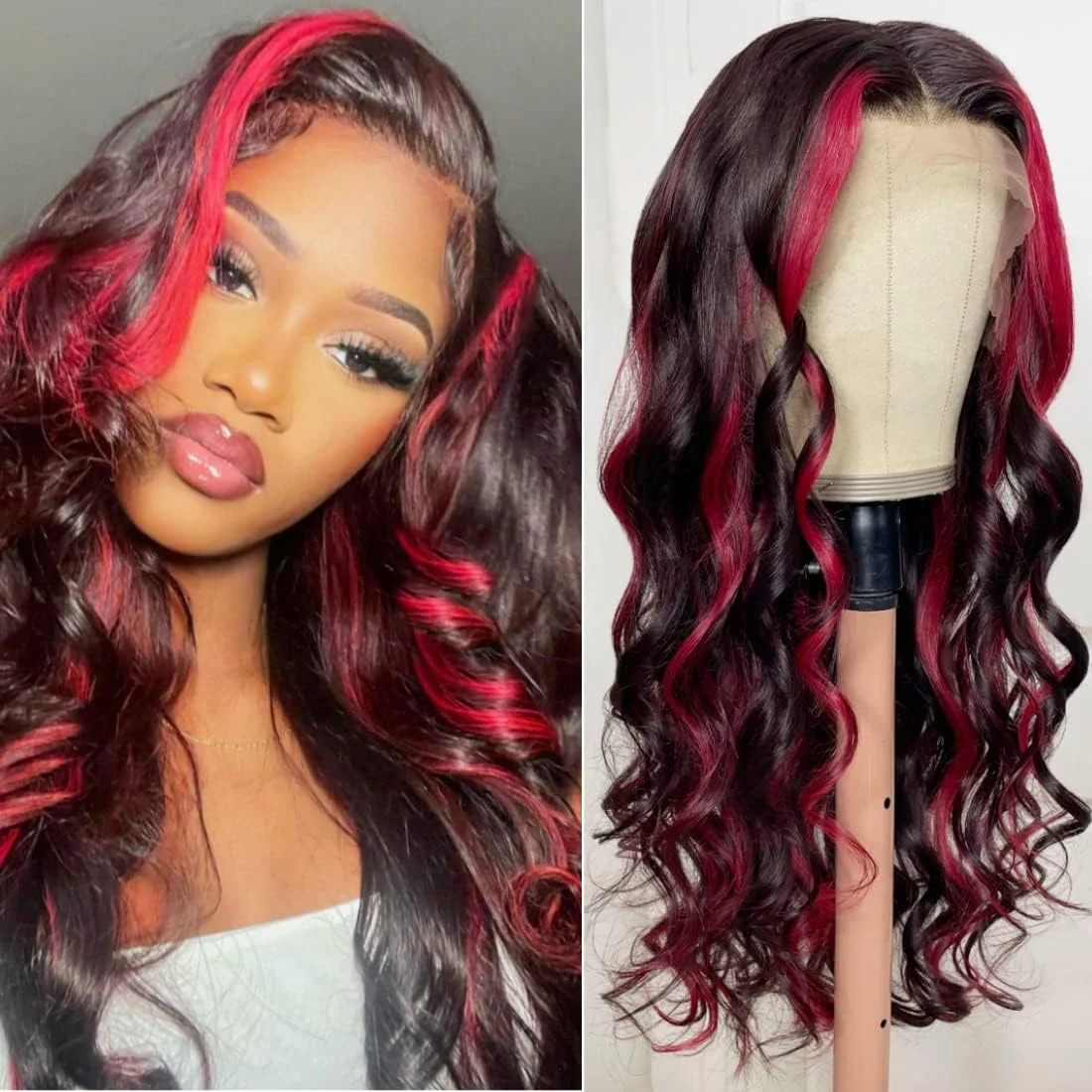 

Rose Red Highlights 13x4 Body Wave Lace Front Wigs for Women Dark Burgundy Ombre Red Black Lace Wigs Pre Plucked with Baby Hair