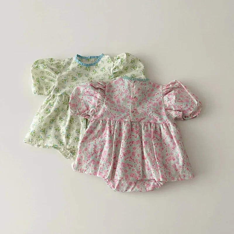 

Kid Girl Retro Floral Puff Sleeves Jumpsuit Cute Baby Girls Thin Cotton Princess Dress Bodysuit One Piece Toddler Outfits