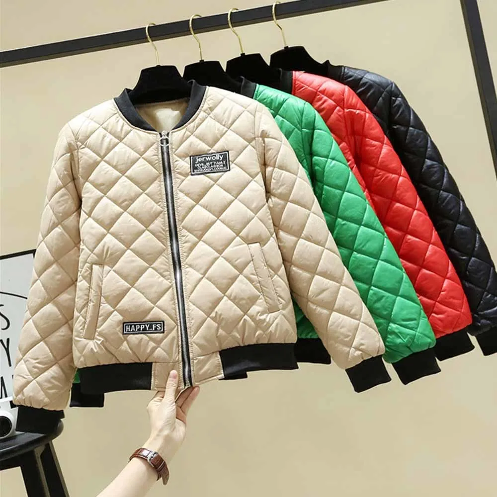 

Spring Rhombus Pattern Jacket Women Parkas Lady Short Bomber Jackets Female Casual Outwear Shearling Coats