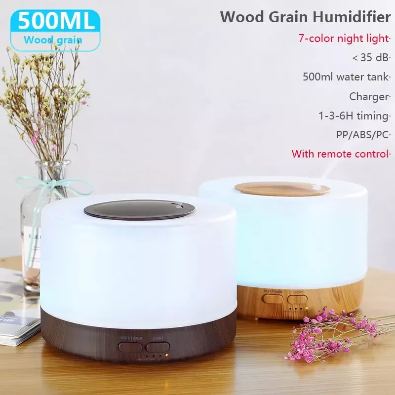 

NEW2023 Oil Aromatherapy Diffuser Wood Grain Ultrasonic Air Humidifier Cool Mist for Home 7 Color LED Light 500ml Humidifiers