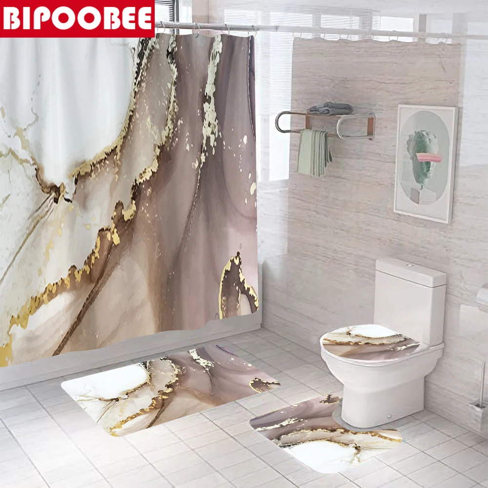 

Texture Luxury Marble Crack Bathroom Curtains with Hooks Polyester Fabric Shower Curtain Bath Mats Toilet Lid Cover Non-slip Rug