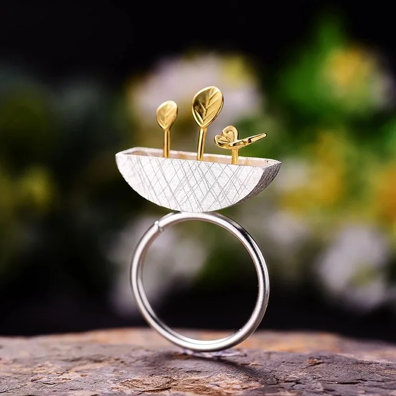 

Vintage Original Literary Simple Silver Color Floral Fluted Shoots and Butterfly Open Rings for Women Wedding Jewelry Accessorie