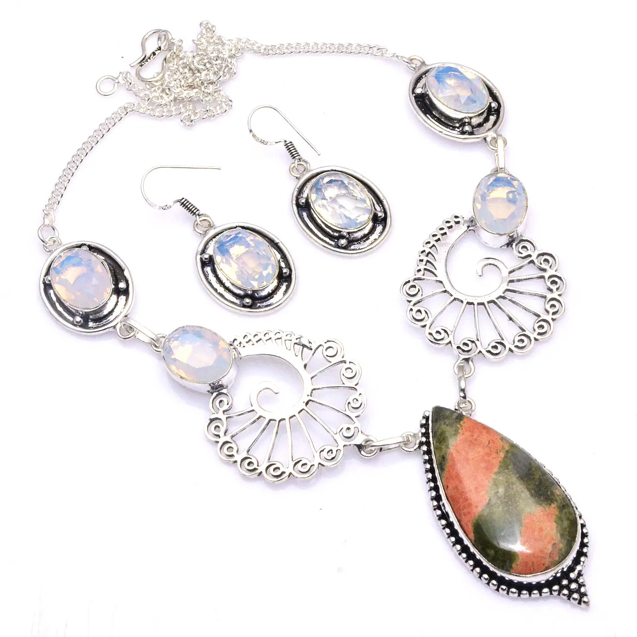 

Genuine Unakite + Fire Opal Necklace + Earings Silvers Overlay over Copper, 55 cm , N4638