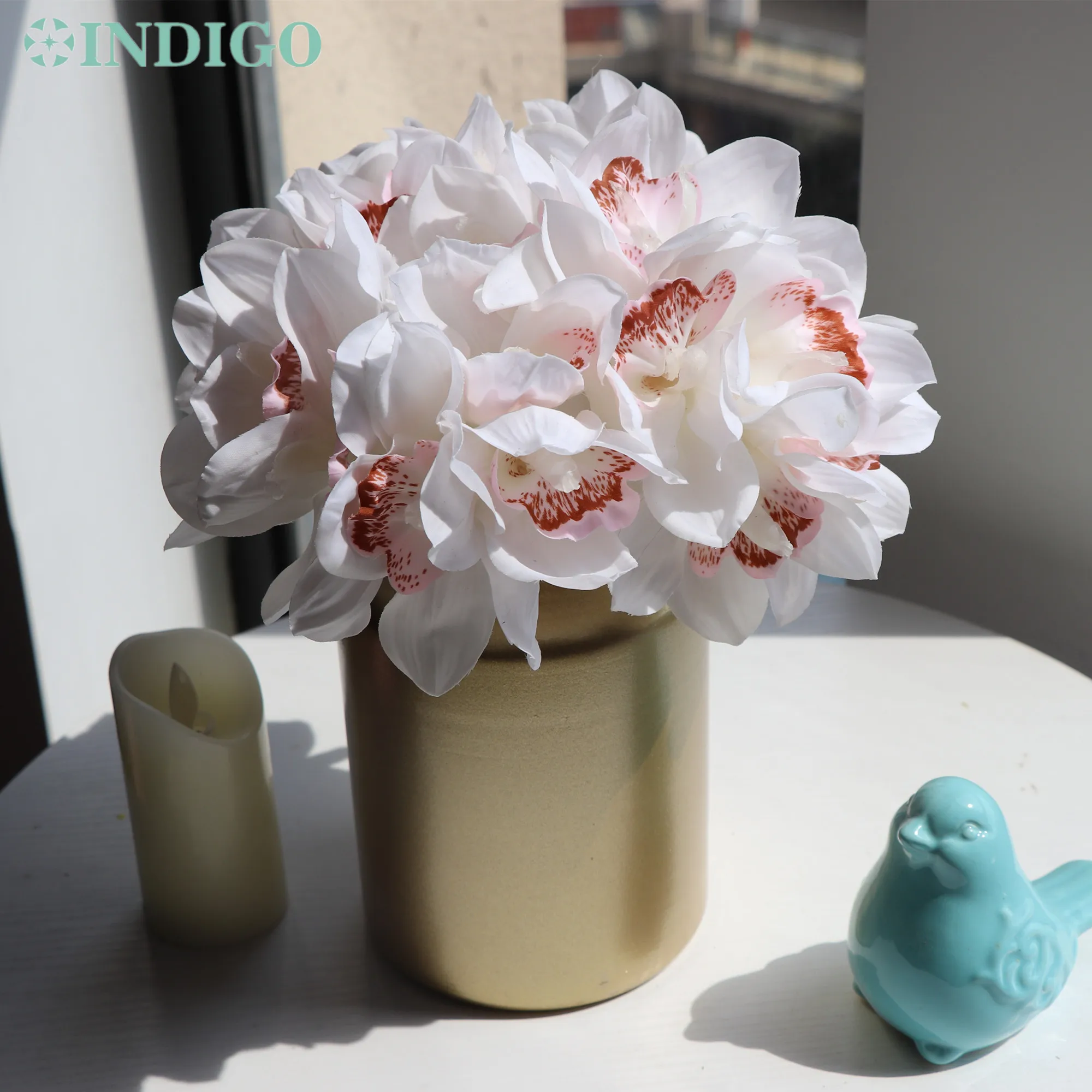 

White Cymbidium 20 Pcs/Bunch Orchids New Style Bride Designed Bouquet Real Touch Flower Wedding Party Table Centerpiece INDIGO