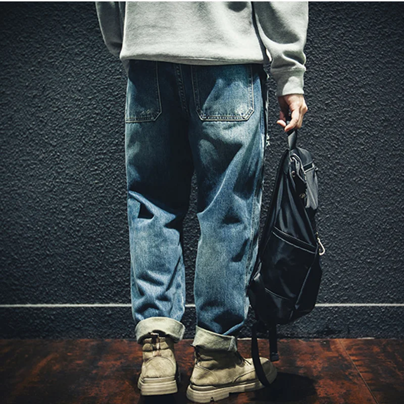 Streetwear Men 2022 New Pasting Cloth Ripped Jeans Loose Recreational Straight Cylinder Blue Temperament Trousers Autumn Female