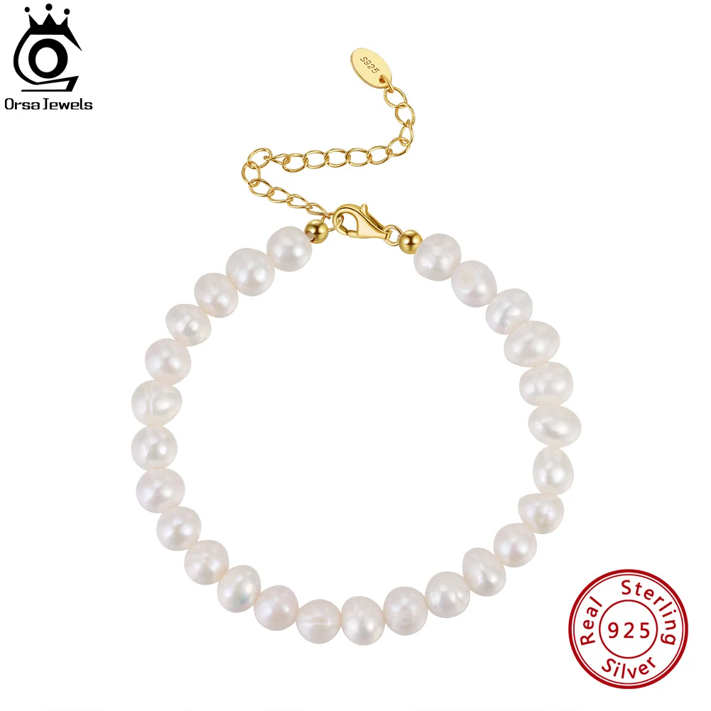 

ORSA JEWELS 14k Gold 925 Sterling Silver Bracelet with Excellent Lustre Natural Freshwater Pearl Delicate Vintage Jewelry GPB10