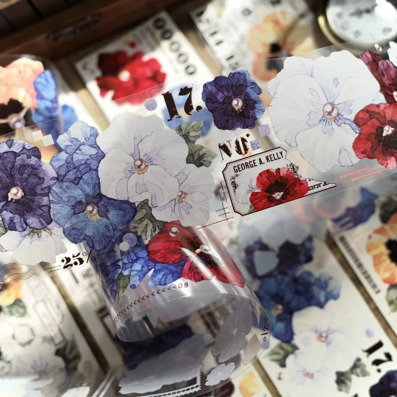 

6M Vintage Pansy Floral Special Oil PET Washi Tapes DIY Decor Scrapbooking Card Making Journaling Plan Sticker