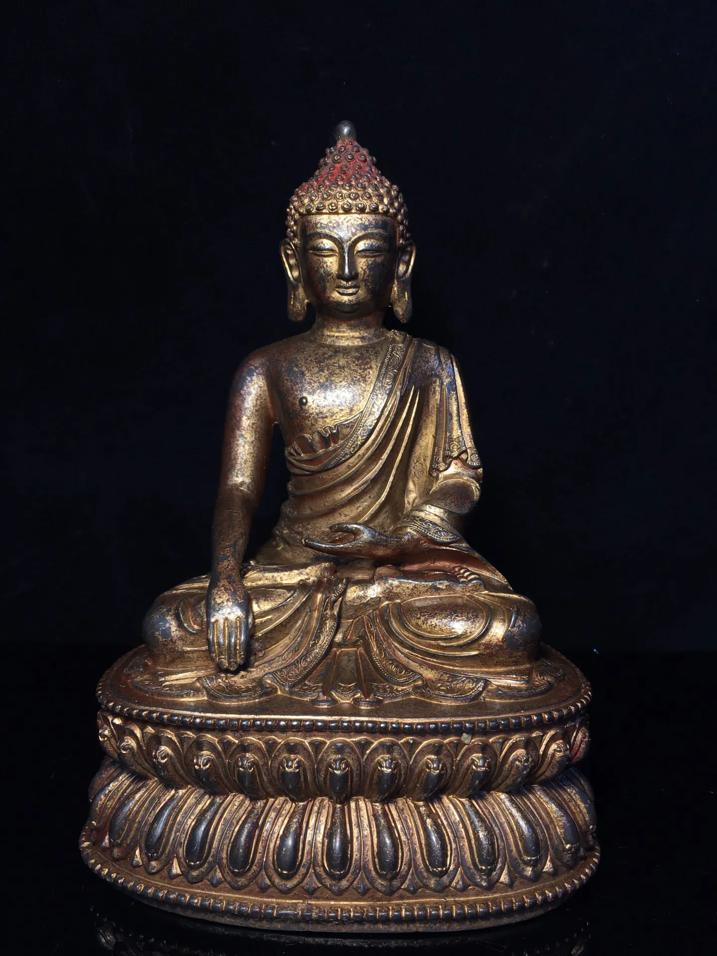 

9"Tibetan Temple Collection Old Bronze Cinnabar Muddy gold Sakyamuni Buddha Lotus platform worship hall Town House Exorcism