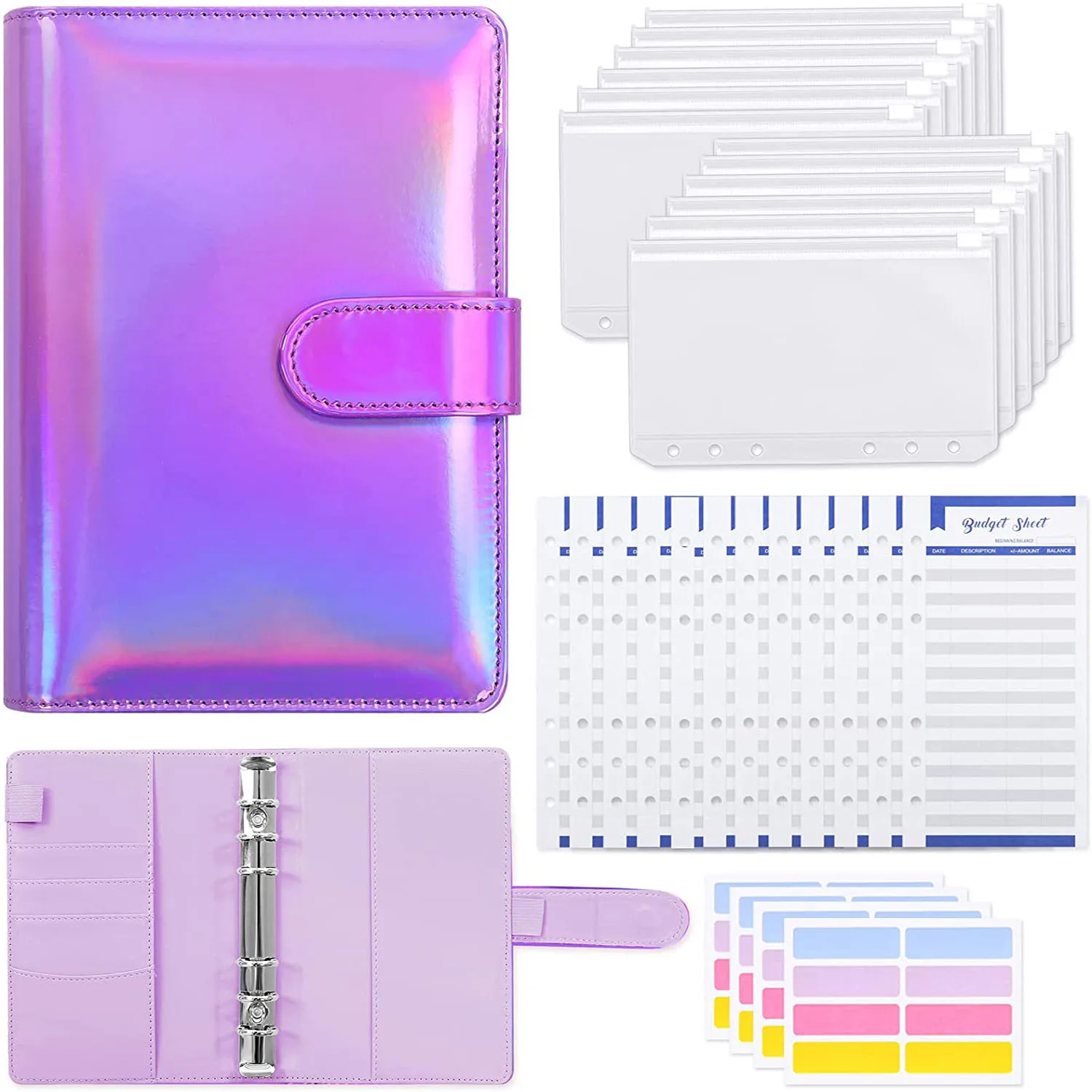 

A6 Budget Binder Notebook Cash Planner Organizer with Binder Zipper Envelopes,Budget Sheets and Sticker Labels for Money Saving