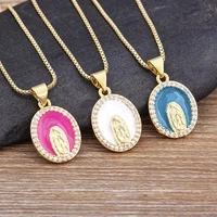 high quality enamel 5 colors round crystal inlay virgin mary pendant oil drop necklacel unisex religious jewelry gifts wholesale