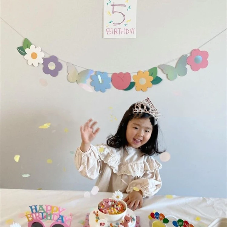 

Korean-style Flower birthday pull flowers, children's birthday party background decoration, paper banner pull flag, photo props