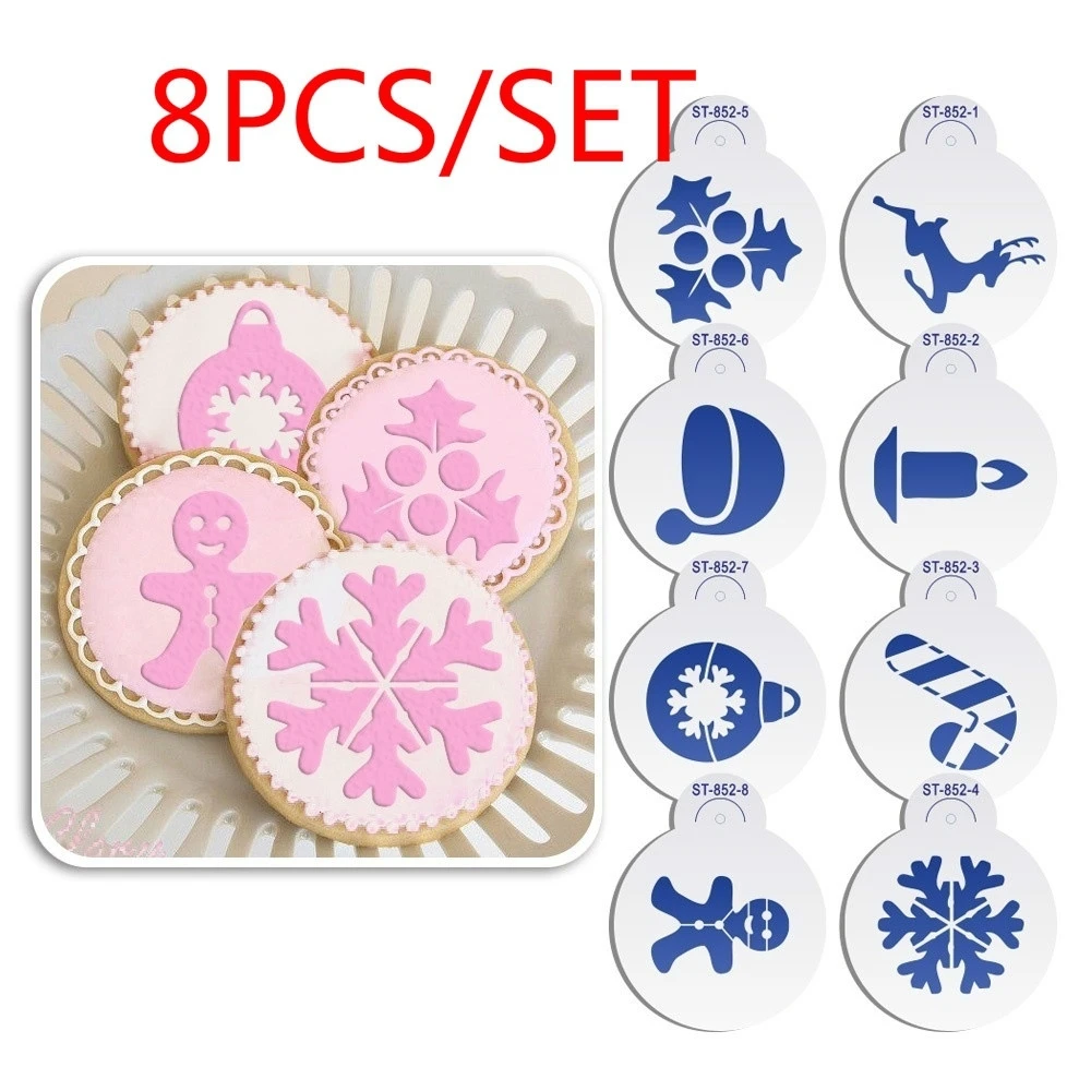 

8PCS/SET Christmas Cookies Stencil Set Deer Fondant Cake Decorating Tool Cake Stencil Coffee Stencils Cake Tool