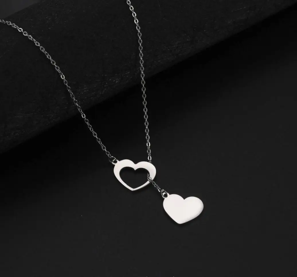 Двойное кольцо ожерелье сердце из нержавеющей стали F1403