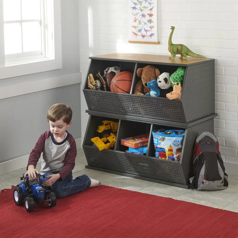 

Two Stackable Metal and Bamboo Storage Bins, Charcoal and Natural