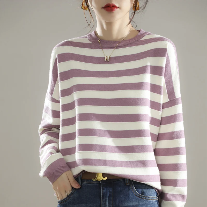 

2022 Contrast Color Striped Round Neck Sweater Women's New Loose And Thin Knitwear All-Match Bottoming Shirt