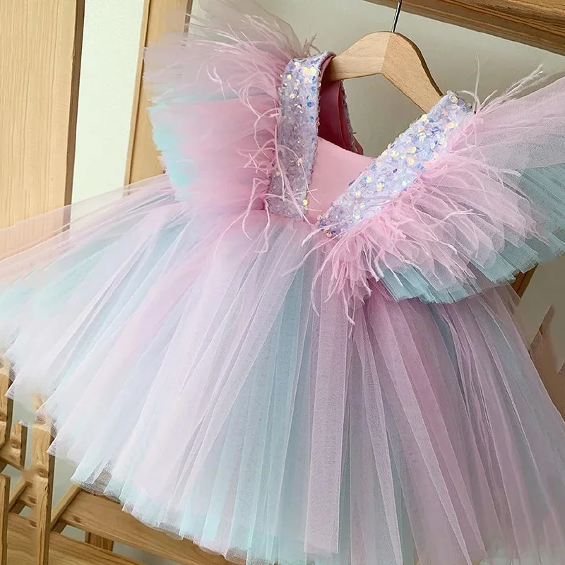

Princess Dress Girls Summer New Fashion Swquined Design Flower Girl Dresses for Weddings 8Y Kids Ball Gowns Purple Birthday Gown