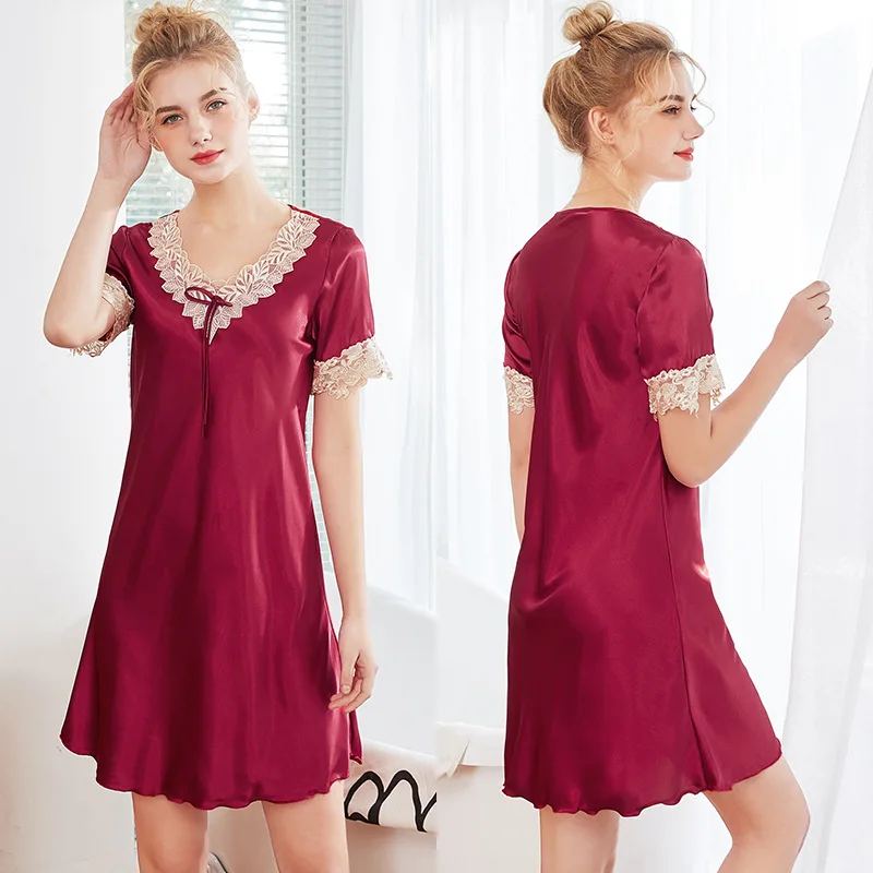 Ice Silk Women's Nightgowns Lace Edge Sleepwear Summer Short Sleeves Night Dress Women Elegant Solid Color Sweet Style Dresses