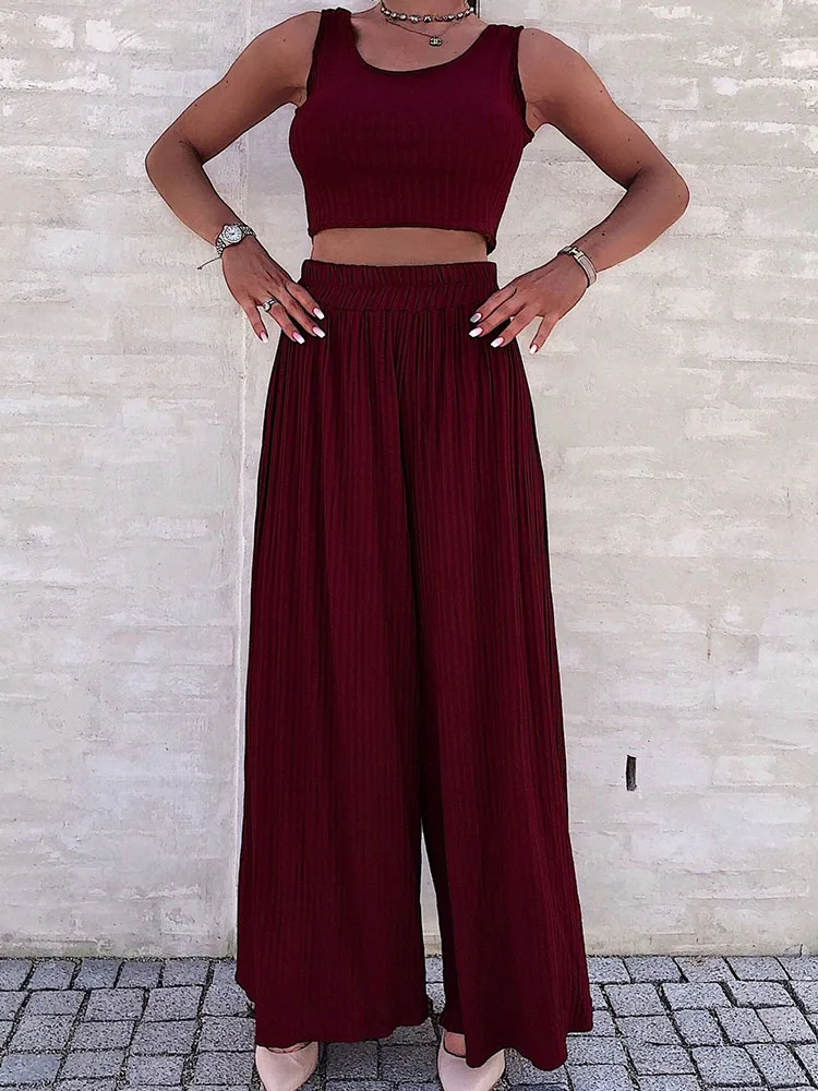 

Sexy O Neck Vest Crop Top & Elastic Waist Pants Suit Women Spring Solid Rib Two Piece Sets Summer Sleeveless Tank Loose Outfits