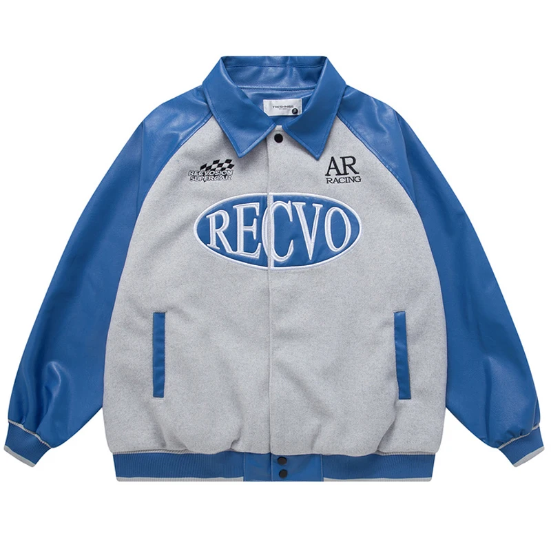 

2022 SS Men PU Leather Patchwork Baseball Jacket Oversize Retro Jackets Women Harajuku Letter Embroidery Coats Unisex Tops