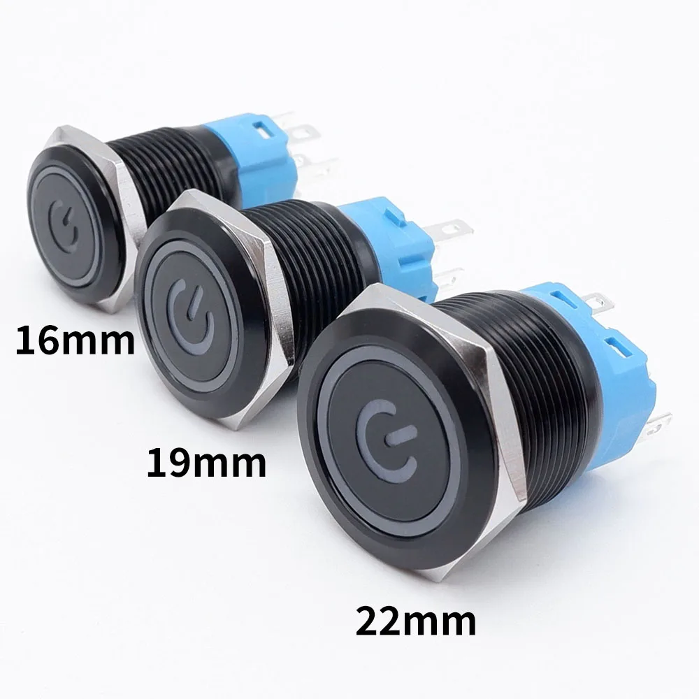 Фото Black Latching Push Button Switch 16/19/22mm with Led Light Waterproof Illuminated  ON OFF Metal Momentary 5V 12V 220V Red Blue №2