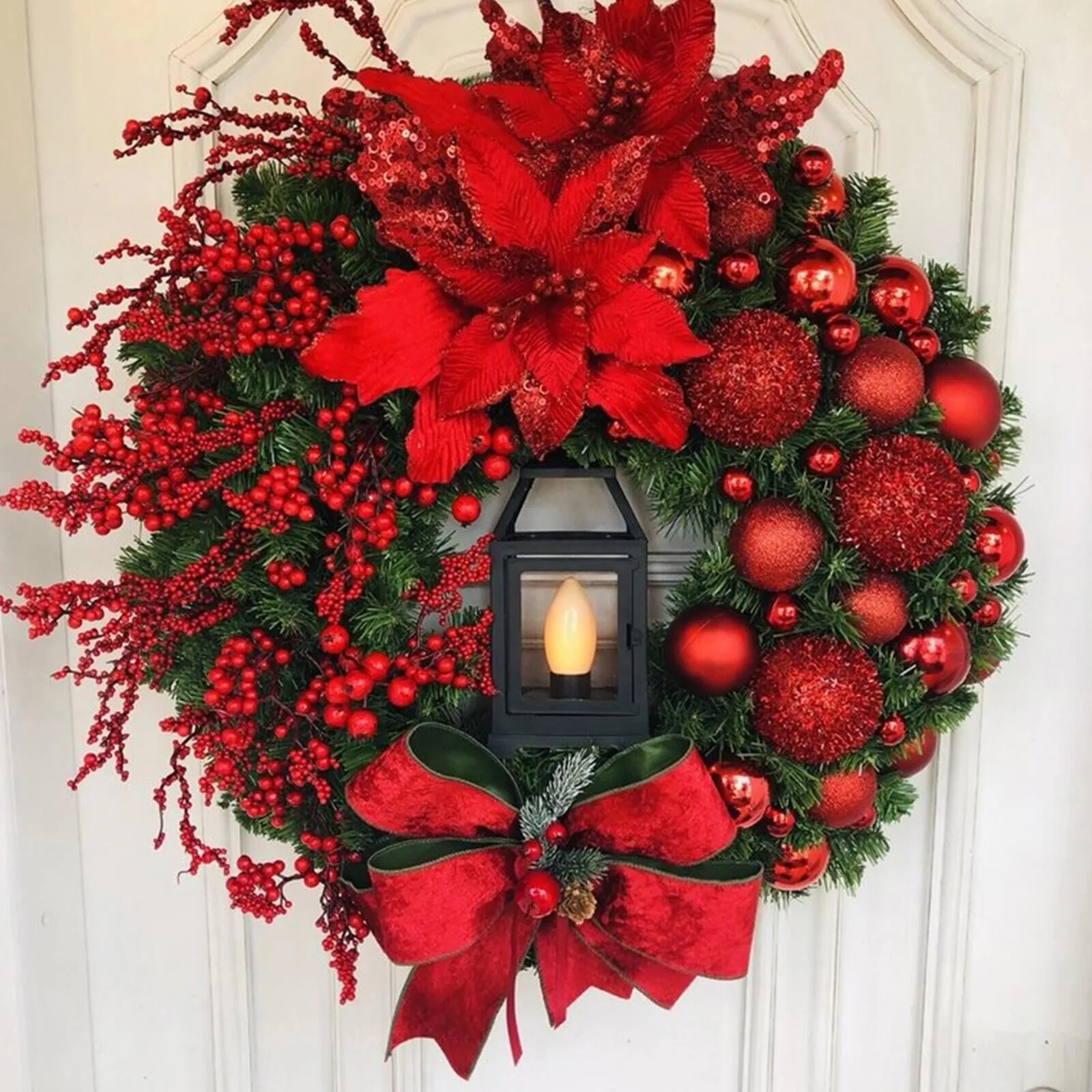 

Christmas Wreath with Lamp Bow Ball Big Red Flower Navidad Party Wall Door Window Fireplace Staircase Balcony Garden Wreath 2023