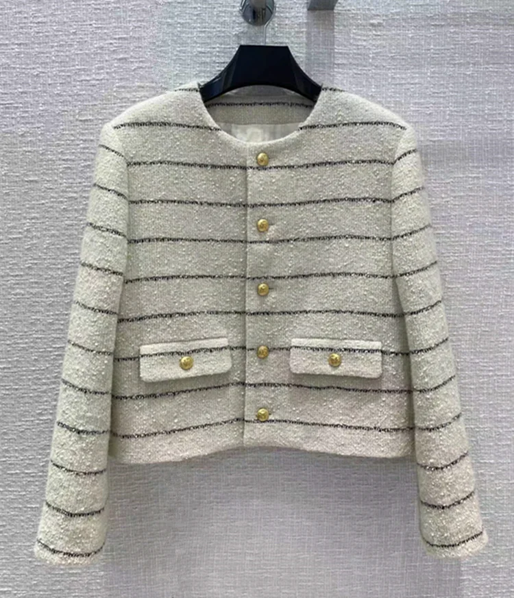 

European and American women's clothing winter 2022 new Gold buttons round collar and long sleeves Fashionable striped tweed coat