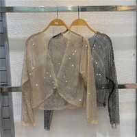 new temperament evening party coat for women outer wear sexy socialite hollow out see through full diamond shawl jacket top
