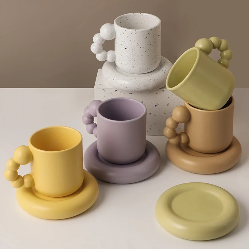 

Creative Handmade Rotating Ball Handle Mug With Round Plate Ceramic Coffee Tea Cup Saucer Nordic Kitchen Home Decor Unique Gifts