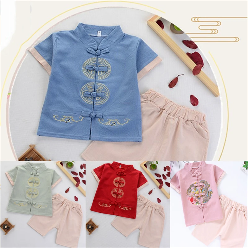 

Китайский традиционный Детский костюм Тан, 11 цветов, 2022, новогодние костюмы для малышей, хлопковый льняной топ с коротким рукавом и принтом ...