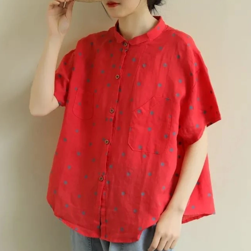Женская блузка с коротким рукавом Повседневная рубашка в горошек круглым