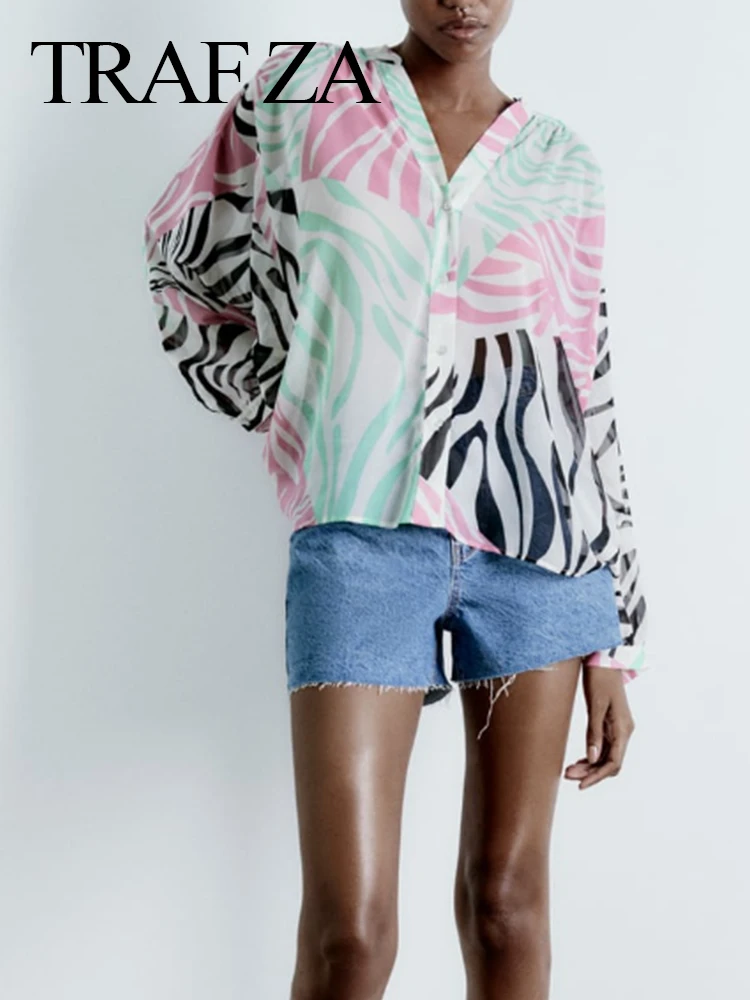 

Легкая дышащая модная повседневная Свободная блузка TRAF ZA с длинным рукавом Молодежный тренд Розовый Зеленый однобортный женский топ с прин...