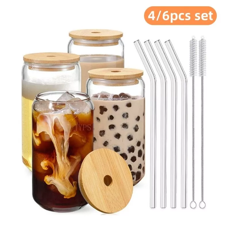 

550ml/400ml Glass Cup With Lid and Straw Transparent Bubble Tea Cup Juice Glass Beer Can Milk Mocha Cups Breakfast Mug Drinkware